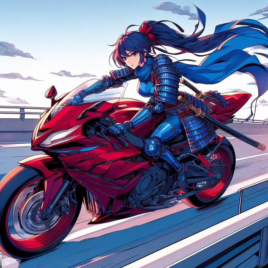 赤いバイクを駆る女侍001