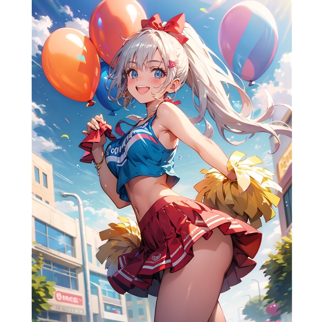 いっぱい風船を持つ白い髪ポニーテールのチアガール衣装の美女。