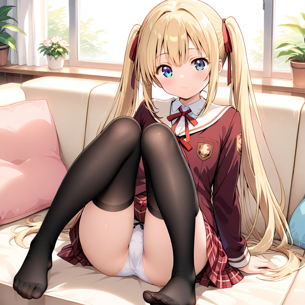 ソファで黒ニーハイ脚広げ白パンツ