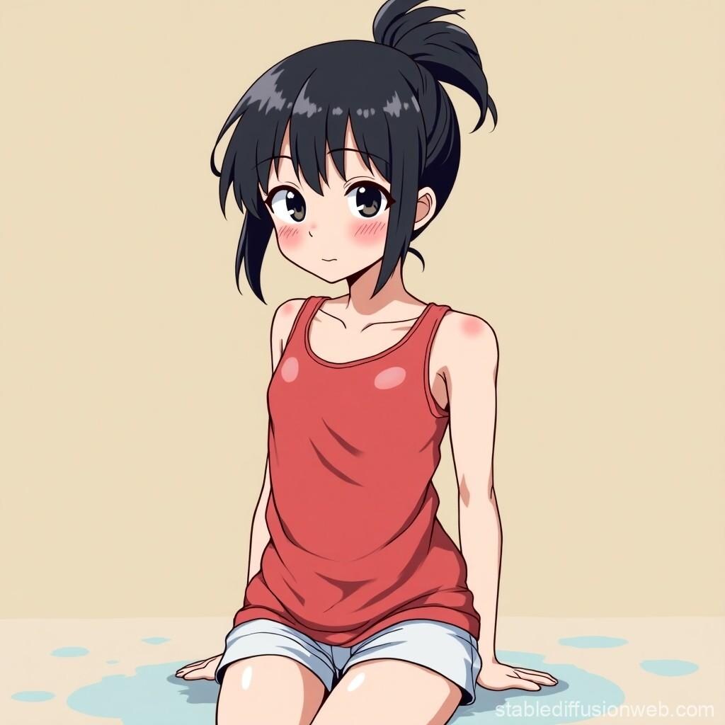 赤いタンクトップを着た女の子がこちらの様子をうかがっている