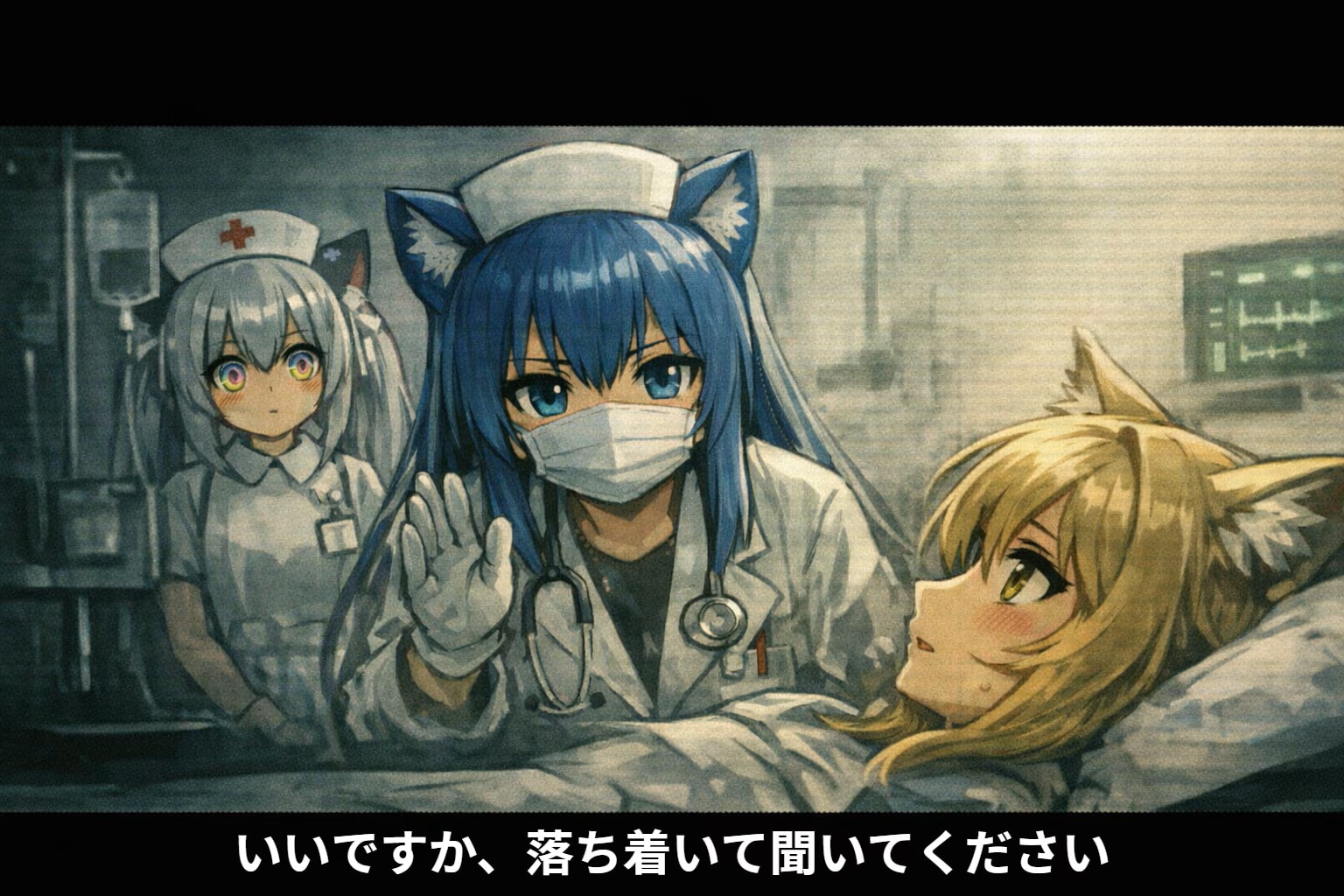 [問題に解答] 狐娘に対する猫耳医師の次のセリフ、および状況を生成してください（ちちぷいセンター試験） | の人気AIイラスト・グラビア