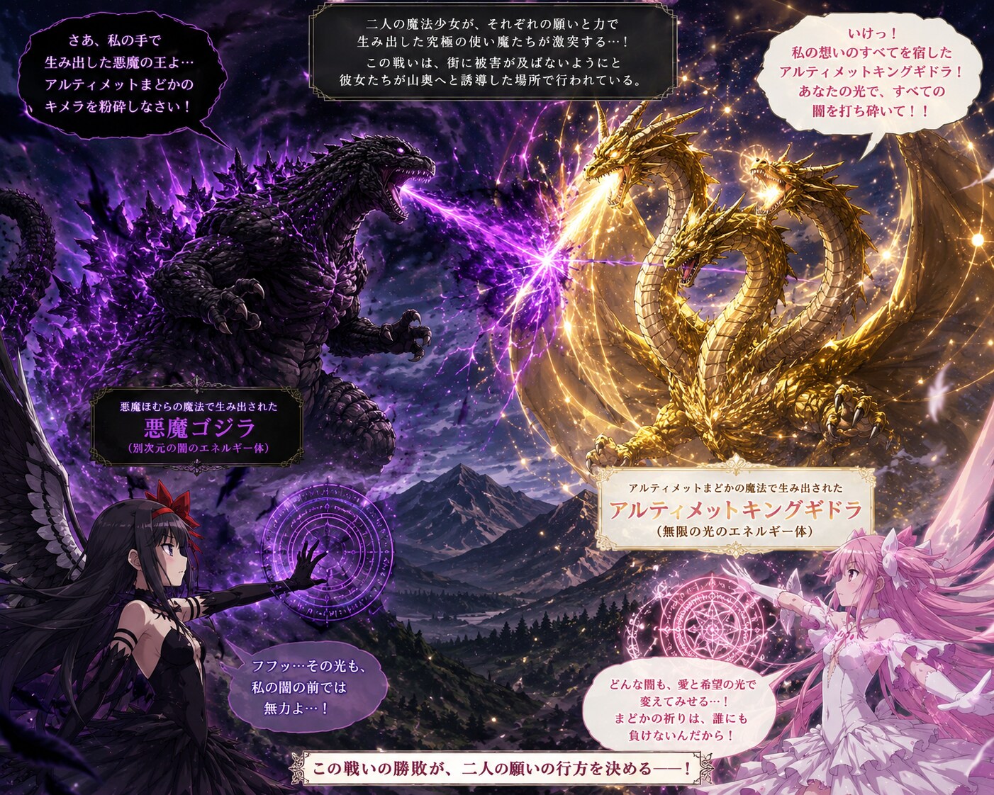 アルティメットまどか(キングギドラ)VS悪魔ほむら(ゴジラ) | の人気AIイラスト・グラビア