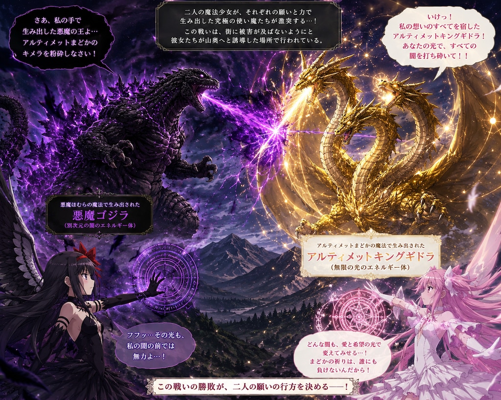 アルティメットまどか(キングギドラ)VS悪魔ほむら(ゴジラ)