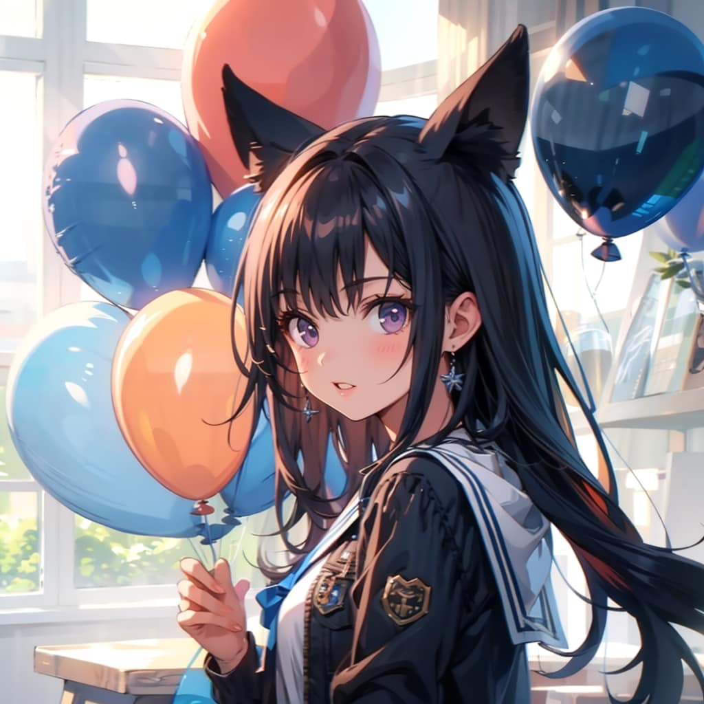 いっぱい色とりどりの風船を持つ黒髪ロングのセーラー服着たケモミミ美少女 | の人気AIイラスト・グラビア