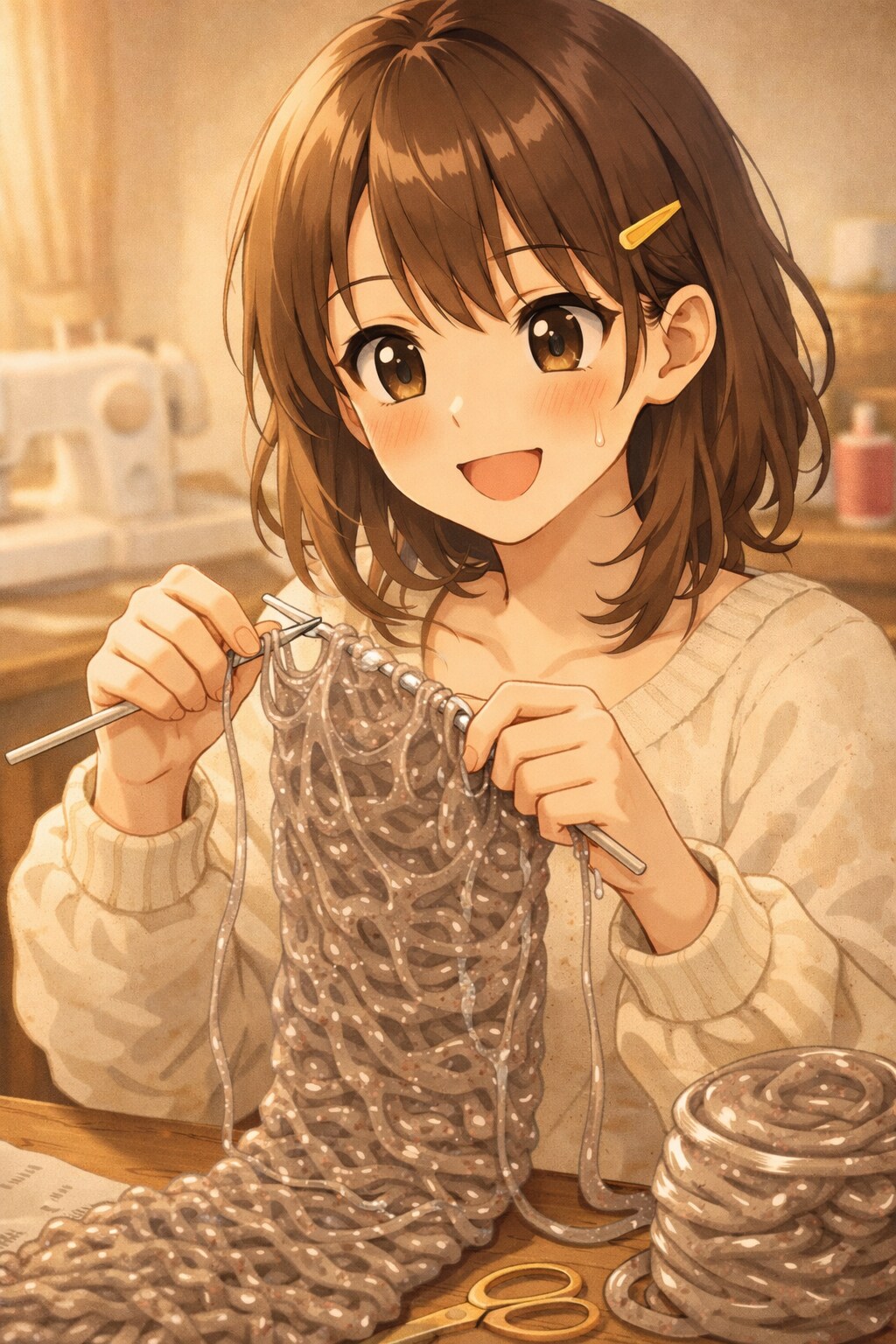 糸こんにゃくでマフラーを編む女性 | の人気AIイラスト・グラビア