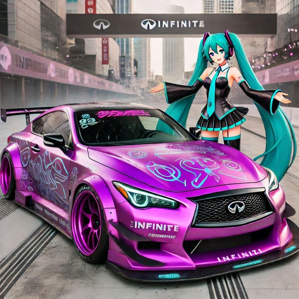 パープルカラーインフィニティクーペのドリ車と初音ミク