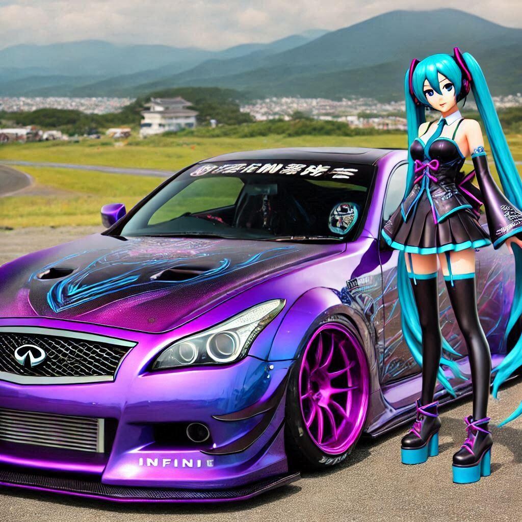 パープルカラーインフィニティクーペのドリ車と初音ミク