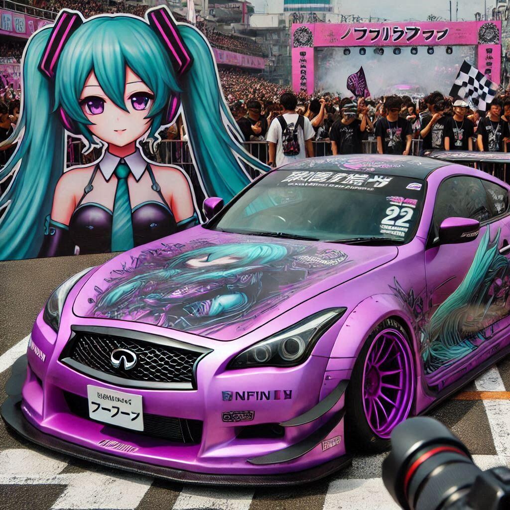 パープルカラーインフィニティクーペのドリ車と初音ミク