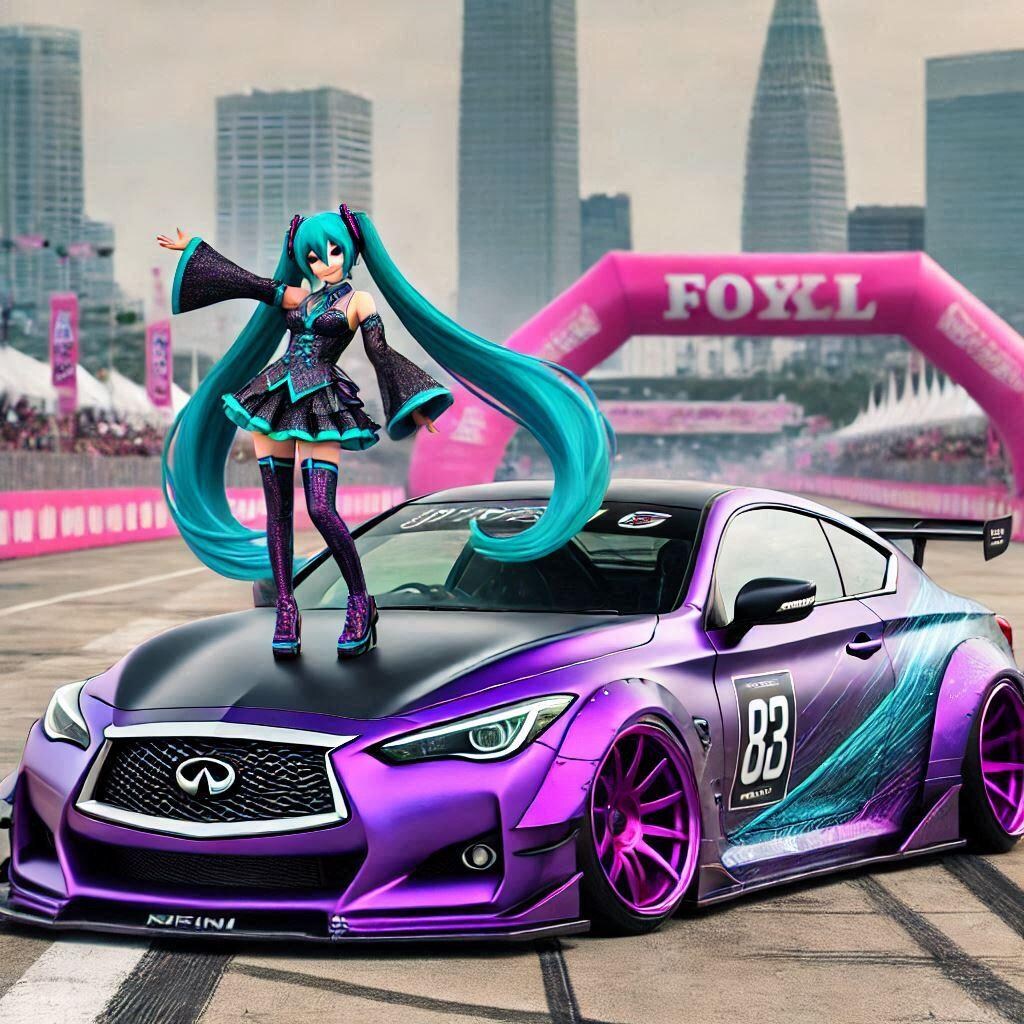 パープルカラーインフィニティクーペのドリ車と初音ミク