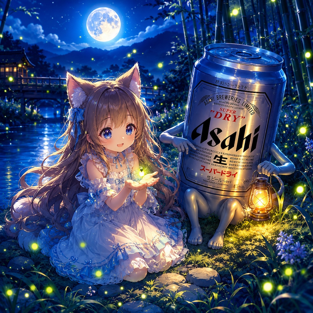 蛍と月と小さな女の子