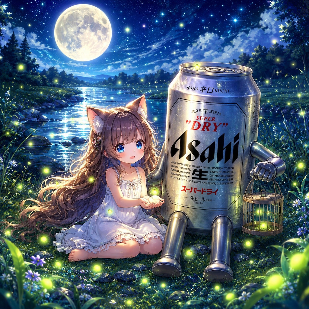 蛍と月と小さな女の子