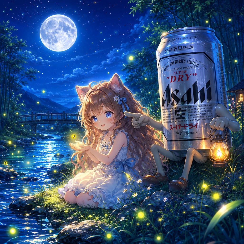 蛍と月と小さな女の子