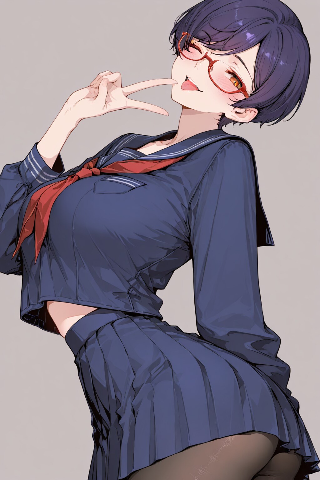 ピクシーカット＋眼鏡＋濃紺セーラー服＋黒ストッキング