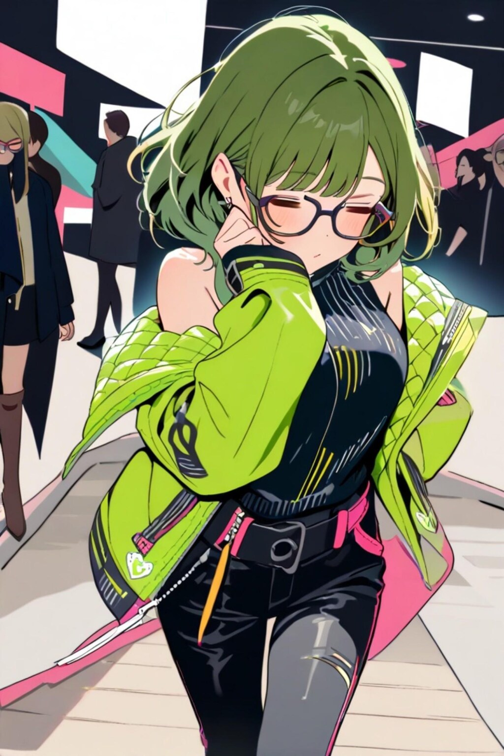 緑髪ちゃん肩出しファッション