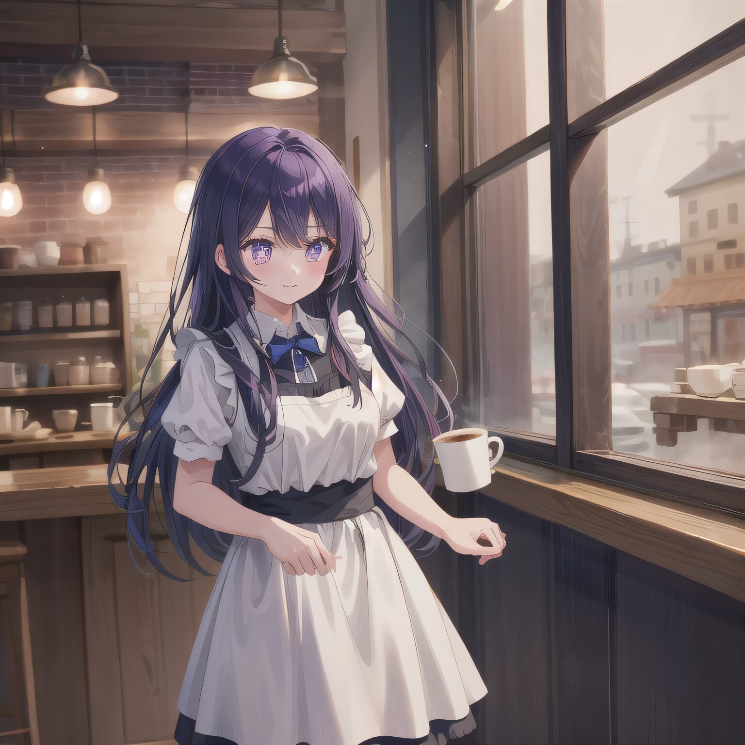 紫髪ロングでカフェの少女２ | の人気AIイラスト・グラビア