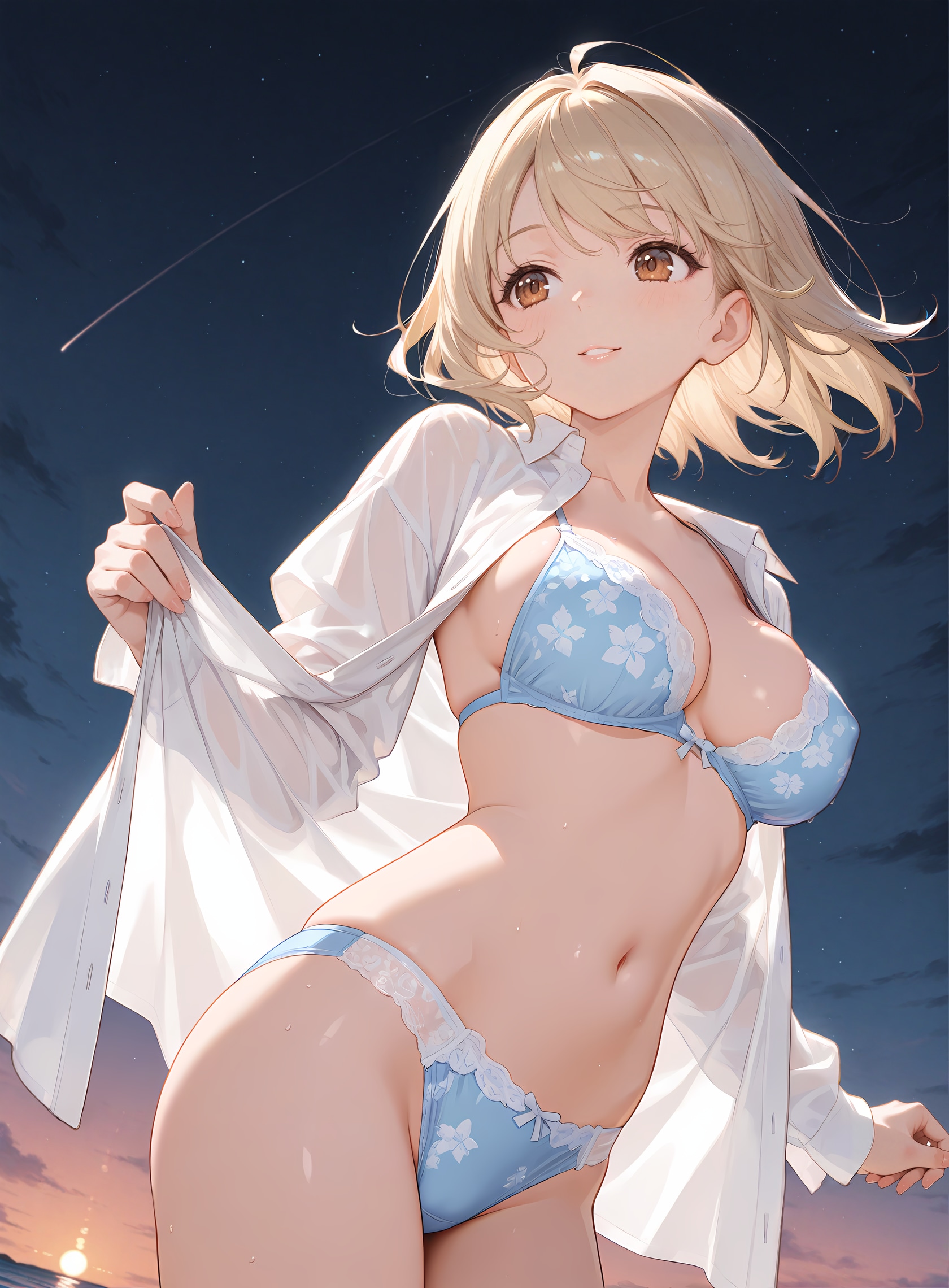 夜の海で