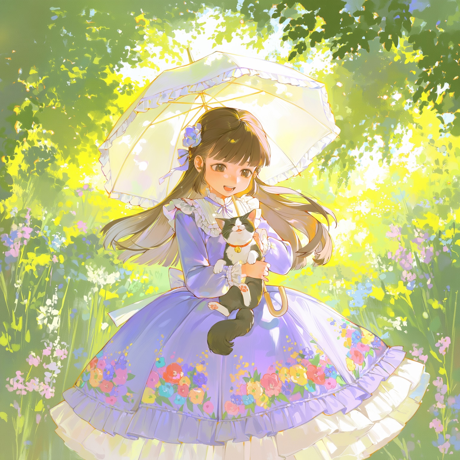 印象派風「猫と遊ぶ少女」 | の人気AIイラスト・グラビア
