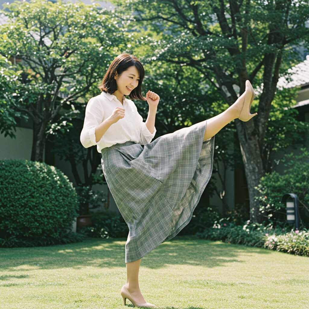 ロングスカートでキック