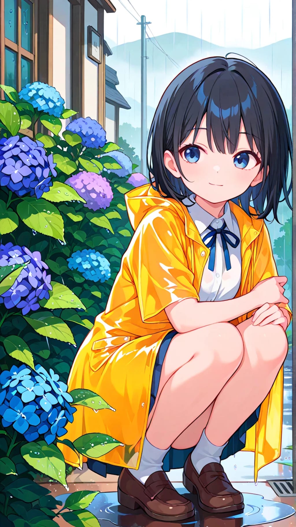 レインコートと紫陽花