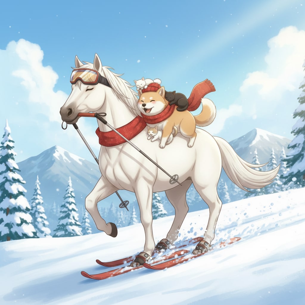 お馬さんと一緒にスキー🐶😺🐴