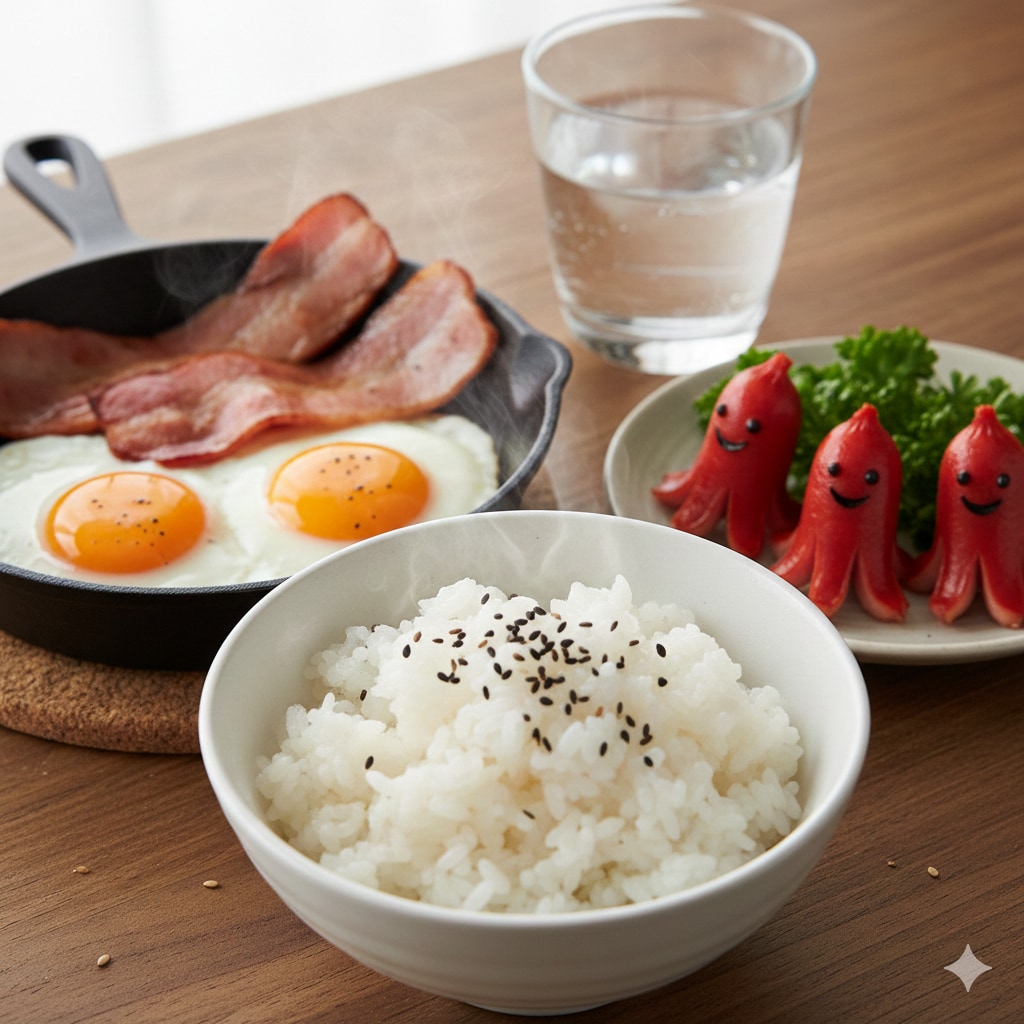 【朝食】白米、ベーコンエッグ、タコさんウインナー、水
