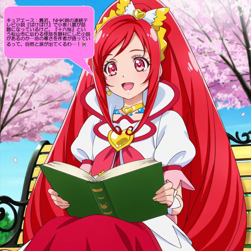 キュアエース、読書しながら桜の花を鑑賞する