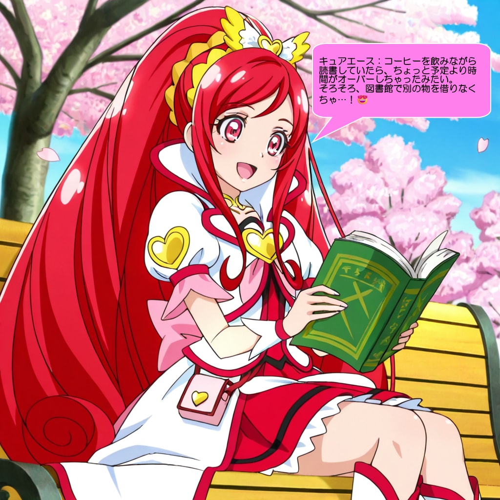 キュアエース、読書しながら桜の花を鑑賞する