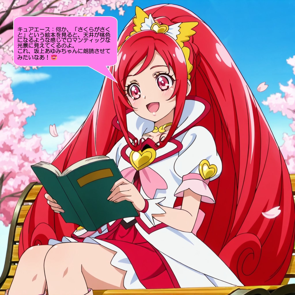 キュアエース、読書しながら桜の花を鑑賞する