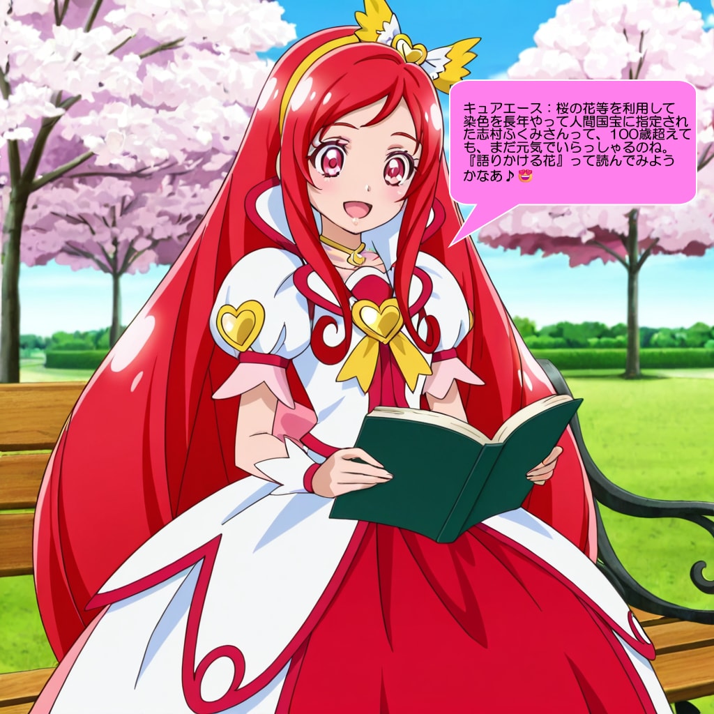 キュアエース、読書しながら桜の花を鑑賞する