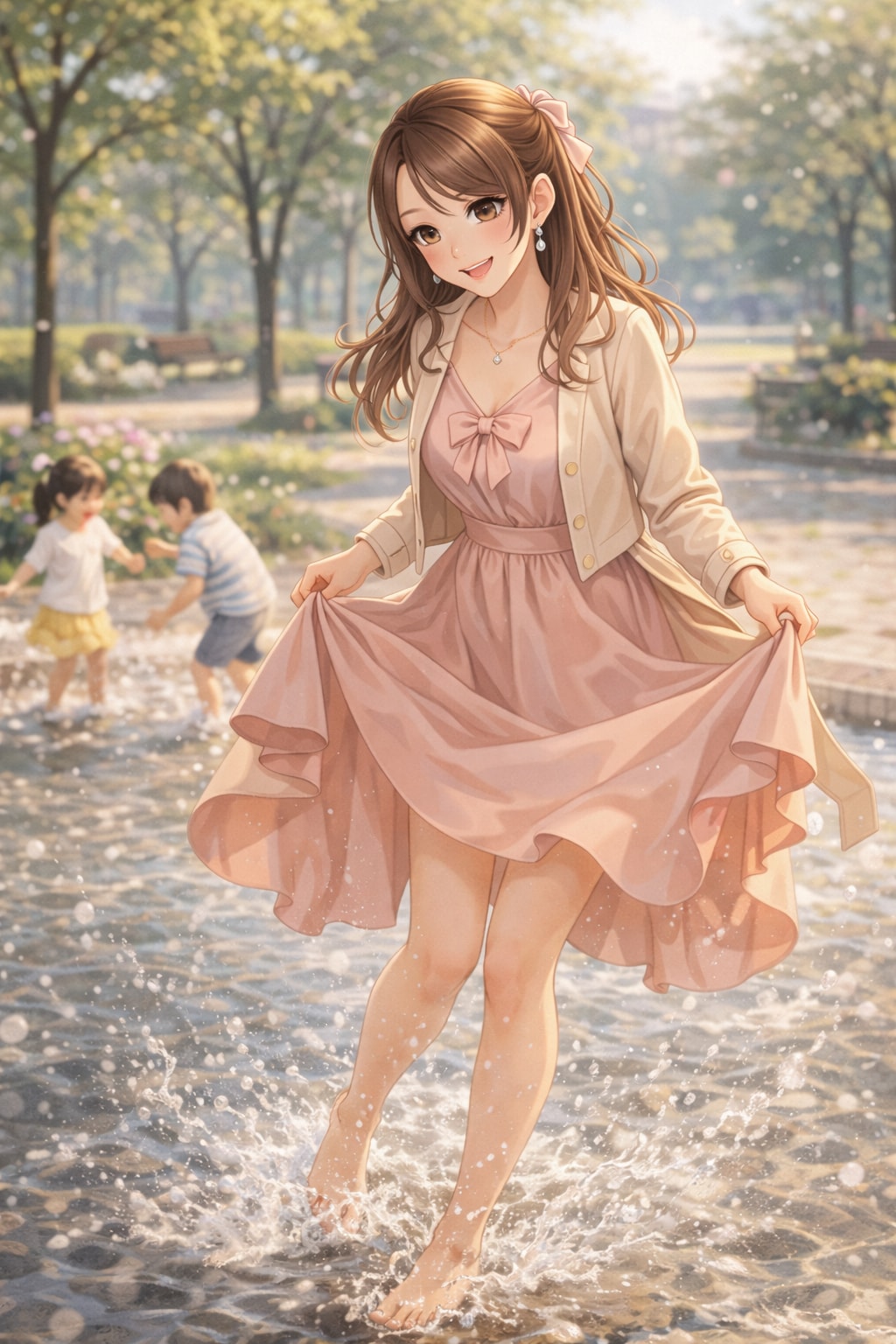 公園の水場ではしゃぐお母さん | の人気AIイラスト・グラビア