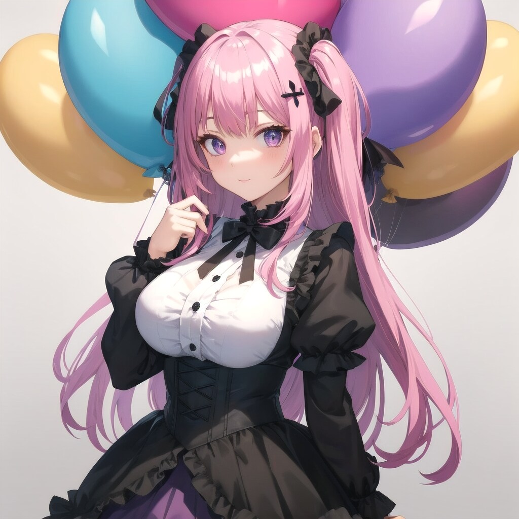いっぱい色とりどりの風船を持つ薄い紫髪ロングの黒いゴスロリ衣装着た美女 | の人気AIイラスト・グラビア