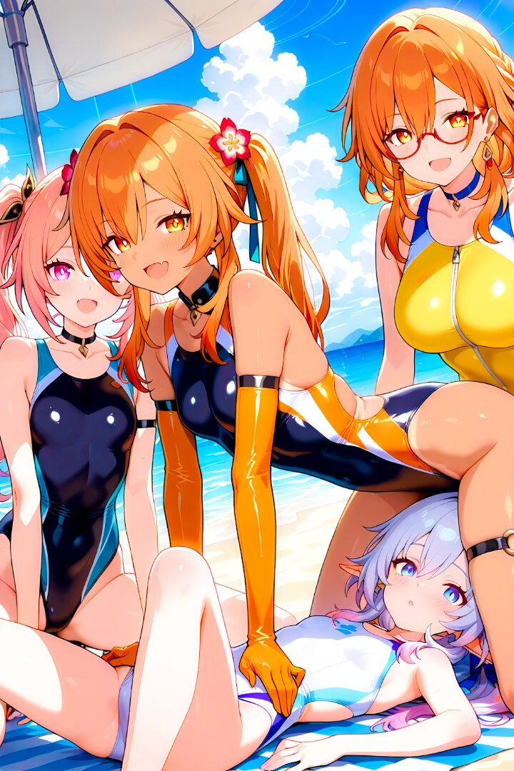 ビーチで競泳水着ギャルハーレム♡