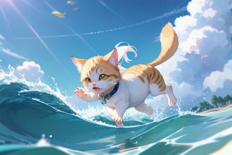 空を泳ぐ魚たちに追いかけられる子猫(翻訳したらこうなった)