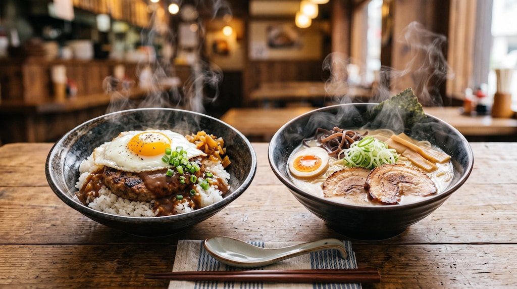 摩訶不思議食堂のラーメンとロコモコのセット