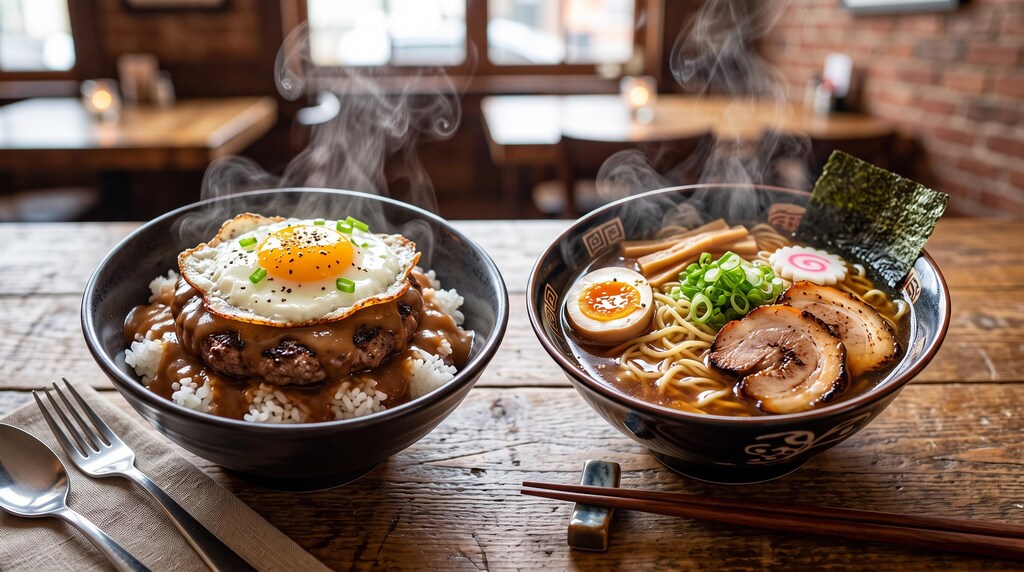 摩訶不思議食堂のラーメンとロコモコのセット