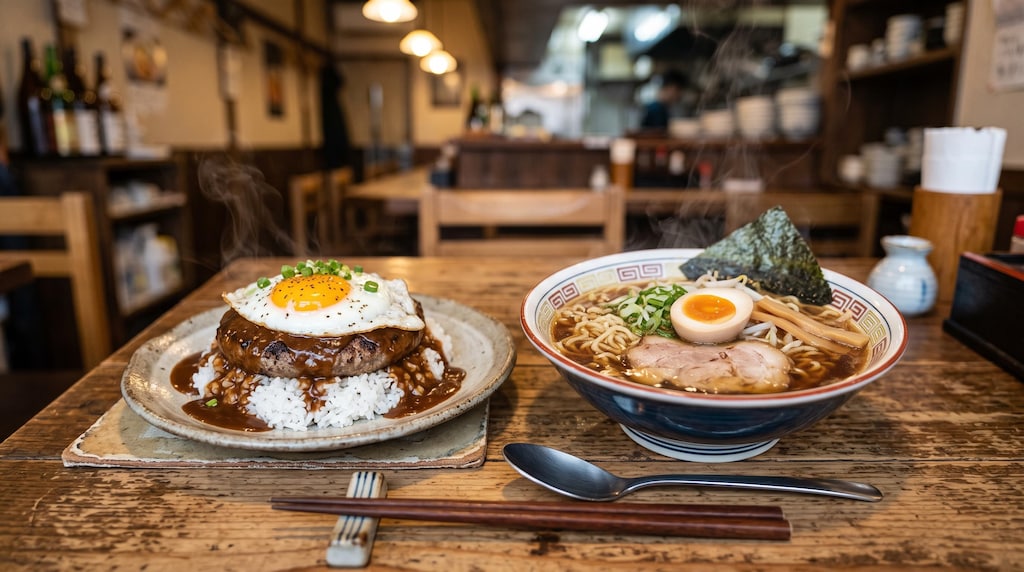 摩訶不思議食堂のラーメンとロコモコのセット