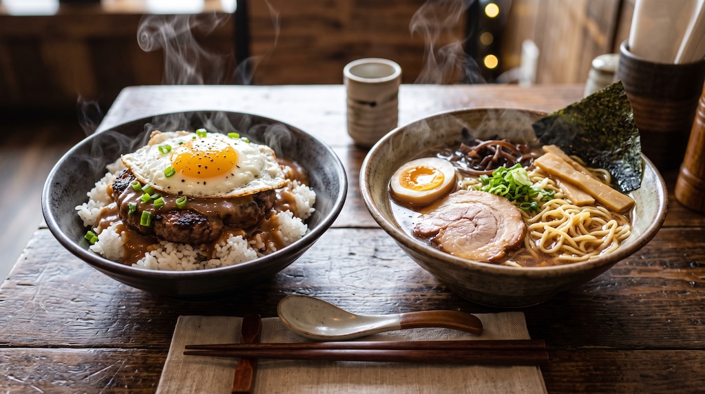 摩訶不思議食堂のラーメンとロコモコのセット