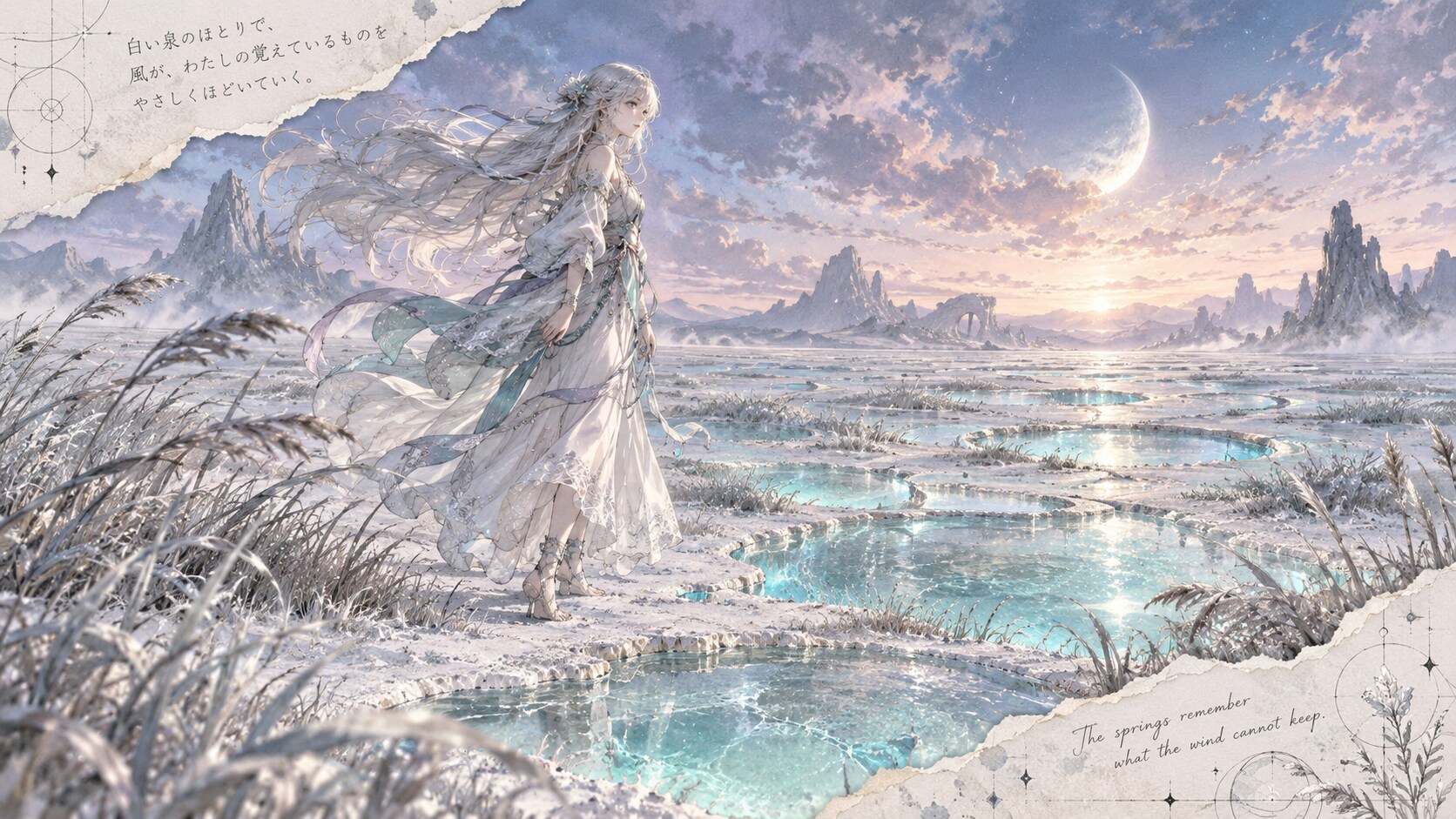 By the White Springs  The springs remember what the wind cannot keep.  Across a quiet field of frost | の人気AIイラスト・グラビア