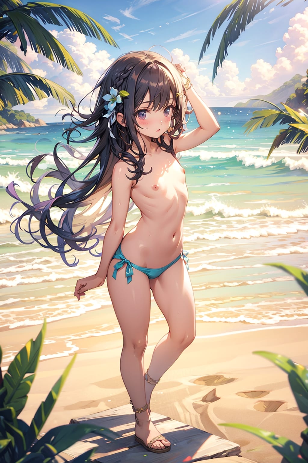 ビーチのトップレス少女