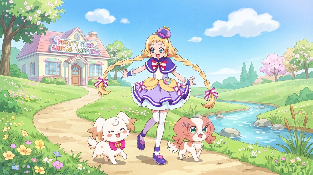 キュアフレンディ、二匹の仔犬と散歩する