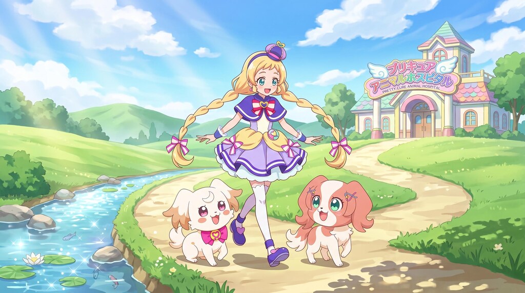 キュアフレンディ、二匹の仔犬と散歩する