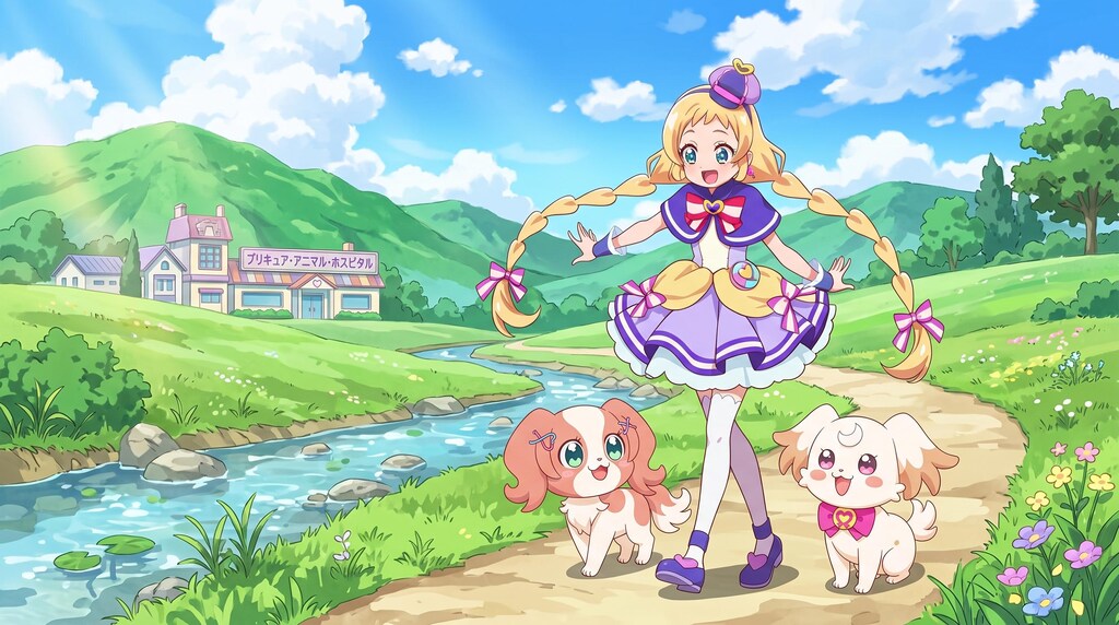キュアフレンディ、二匹の仔犬と散歩する