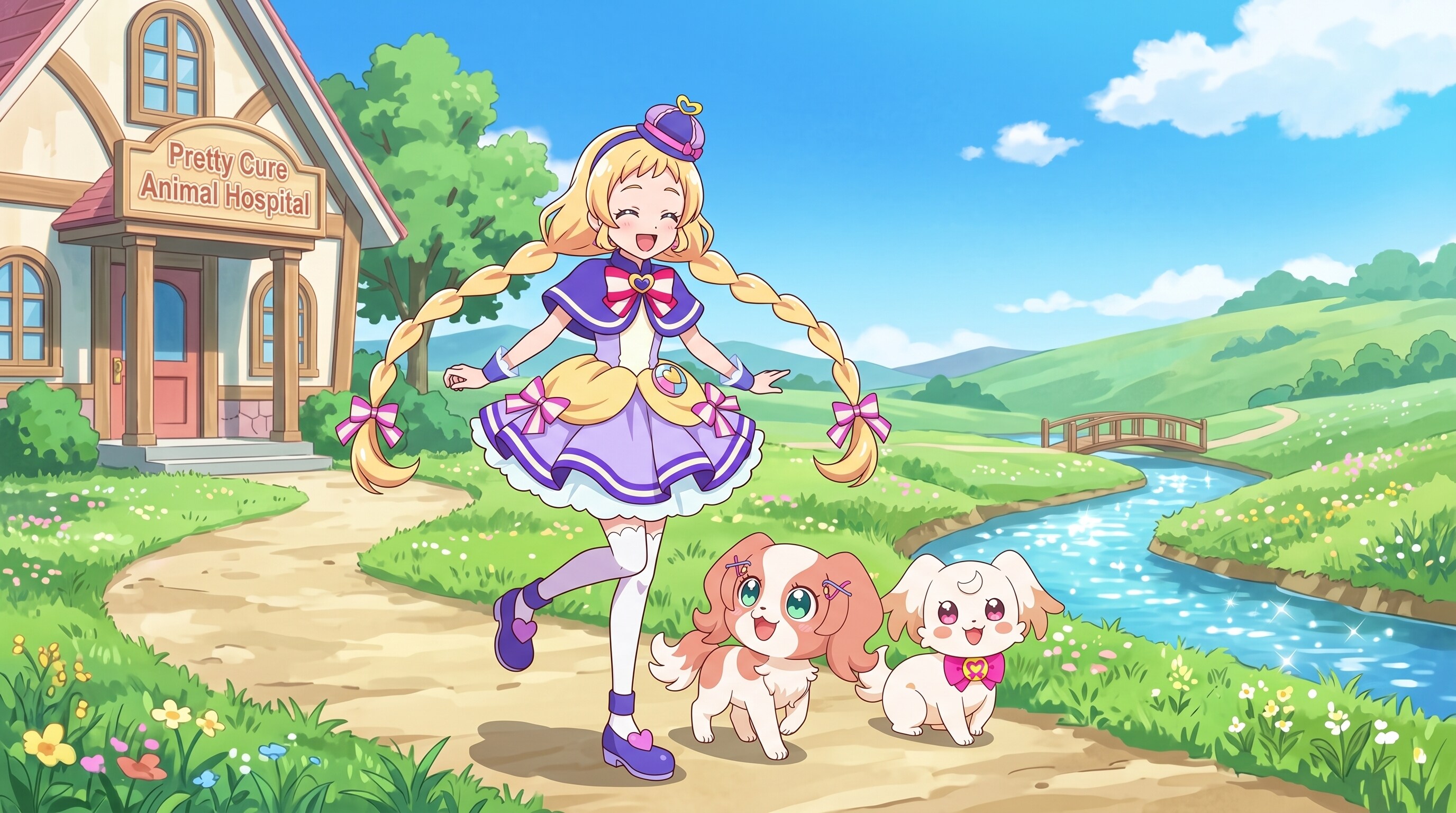 キュアフレンディ、二匹の仔犬と散歩する | の人気AIイラスト・グラビア