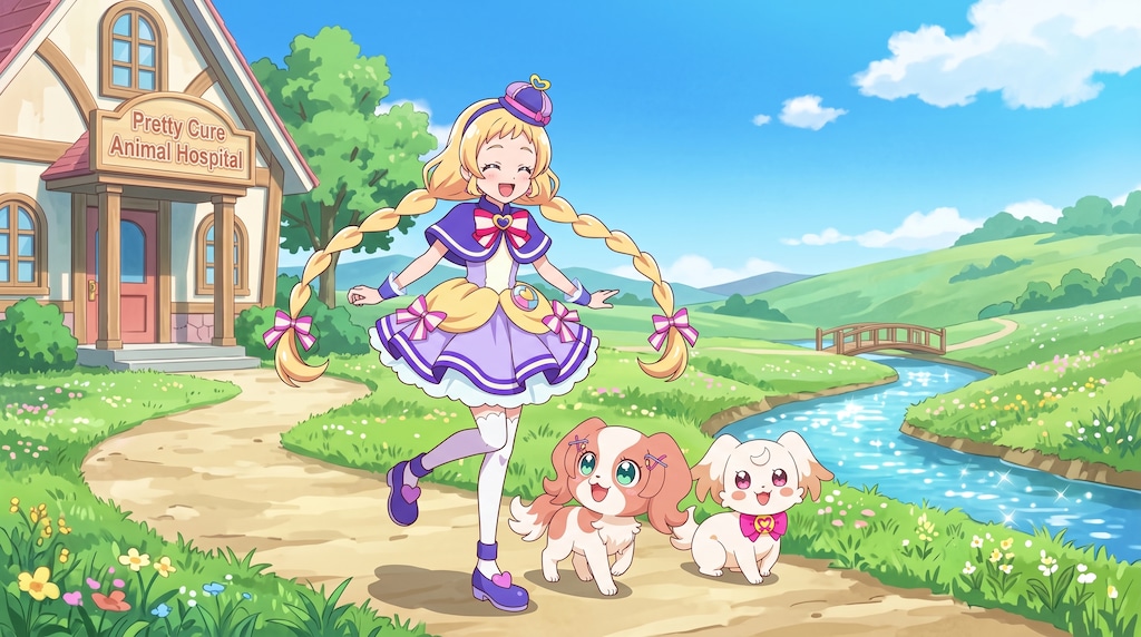 キュアフレンディ、二匹の仔犬と散歩する