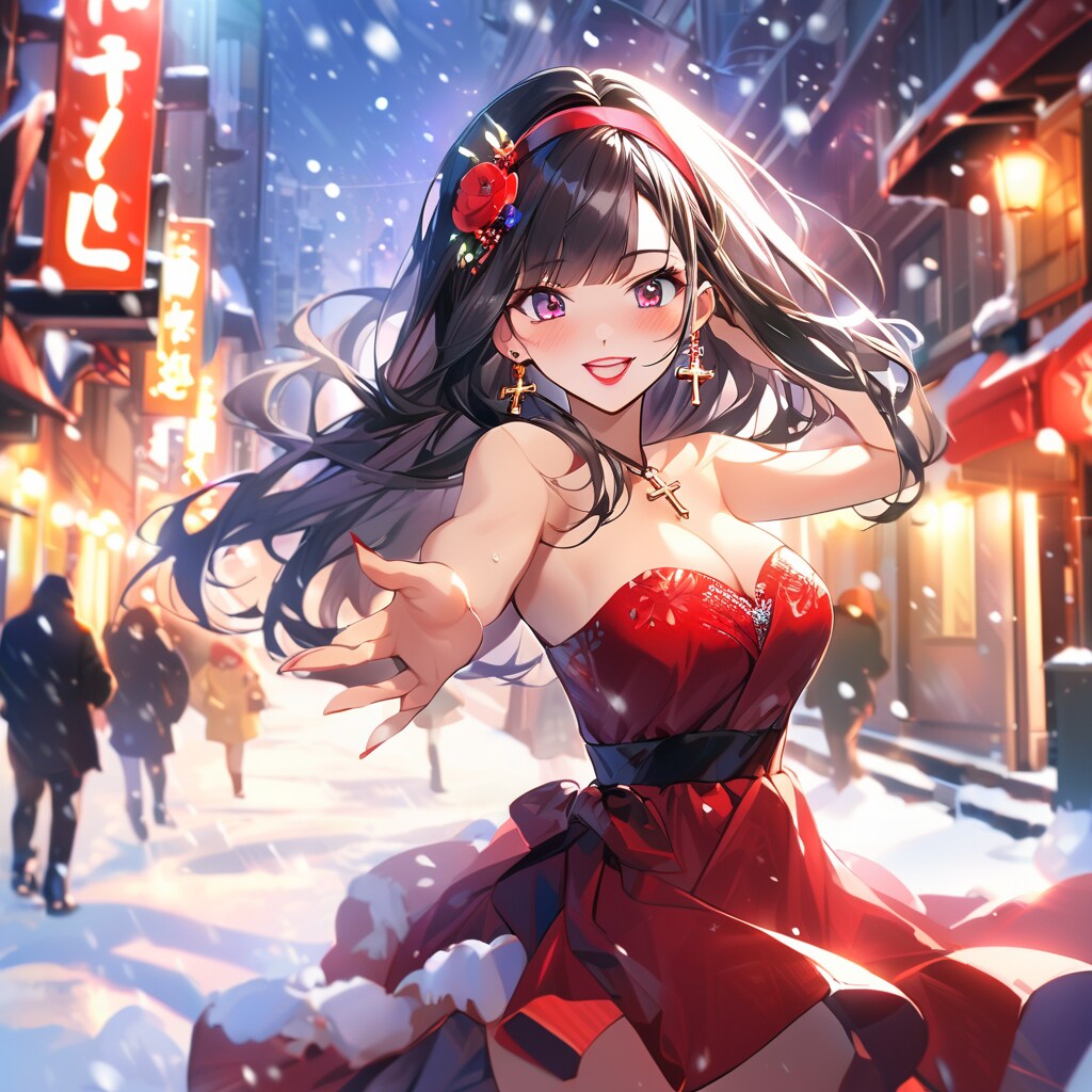 雪の日に道端で踊る女性