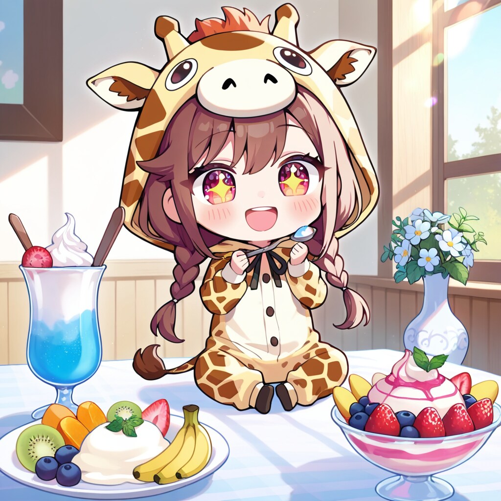 ヨーグルトをアピールするキリン着ぐるみちび子ちゃん | の人気AIイラスト・グラビア