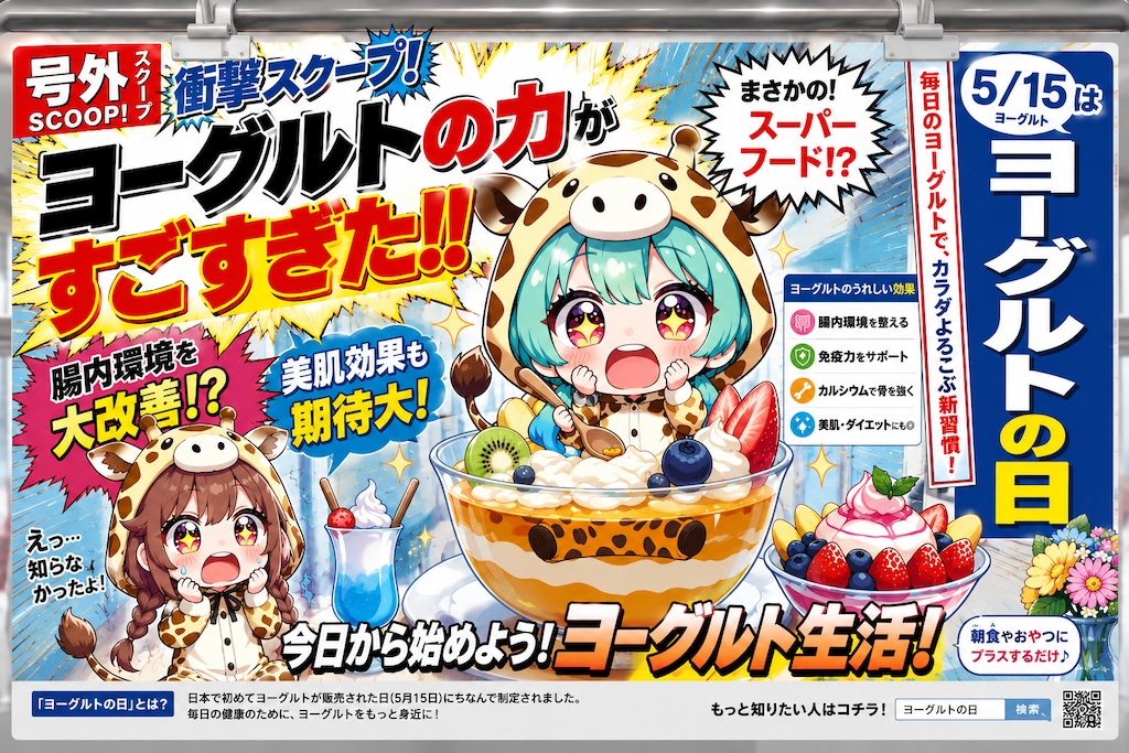 ヨーグルトをアピールするキリン着ぐるみちび子ちゃん