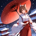 雪の日の神社と狐巫女さん 2枚目
