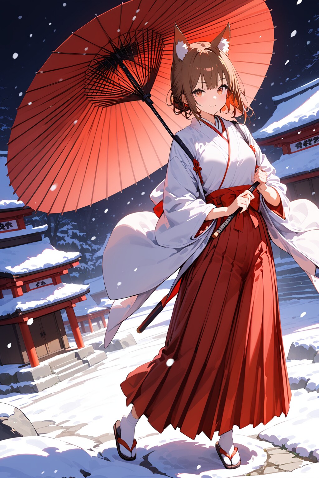 雪の日の神社と狐巫女さん