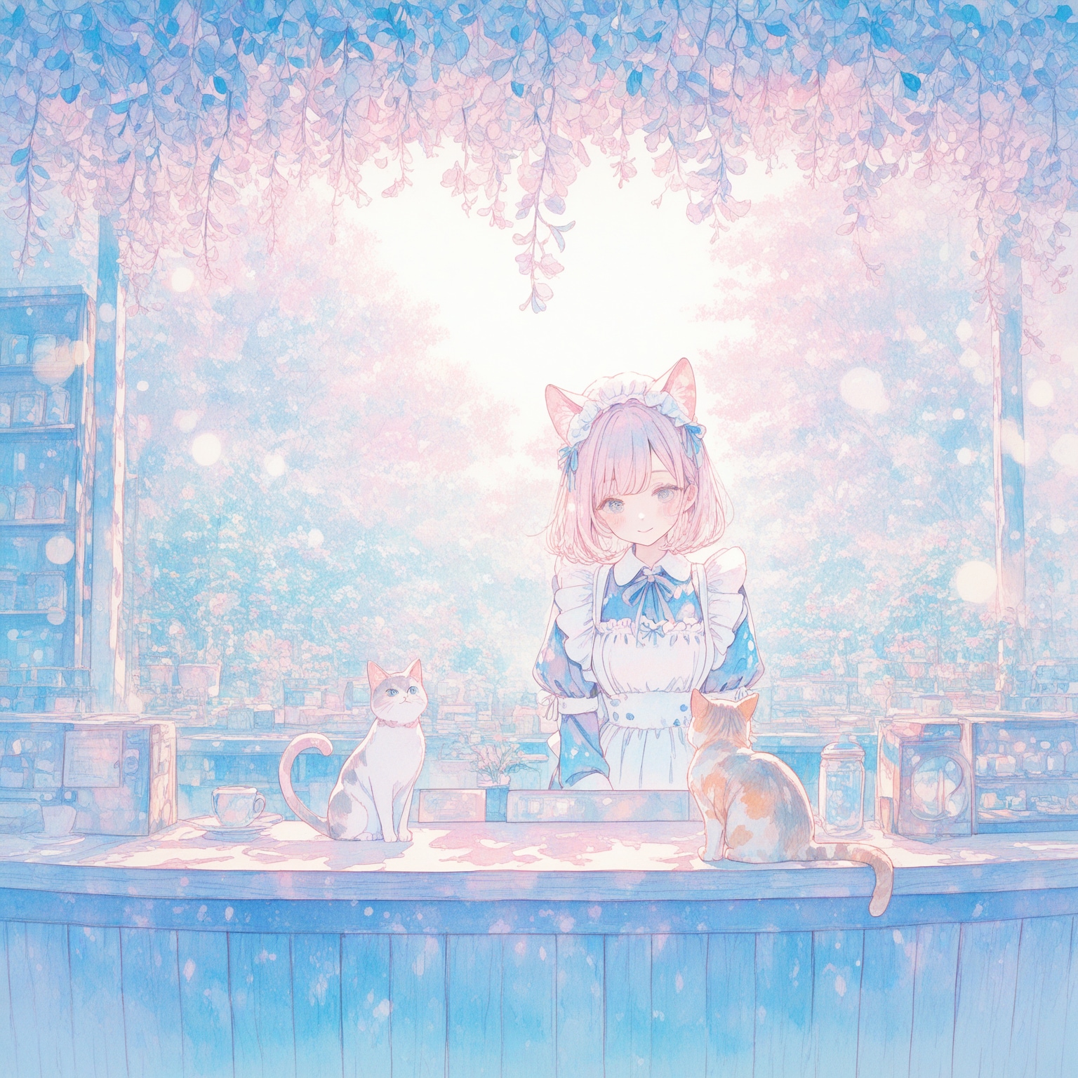 猫と猫耳メイドさんのいるカフェ | の人気AIイラスト・グラビア